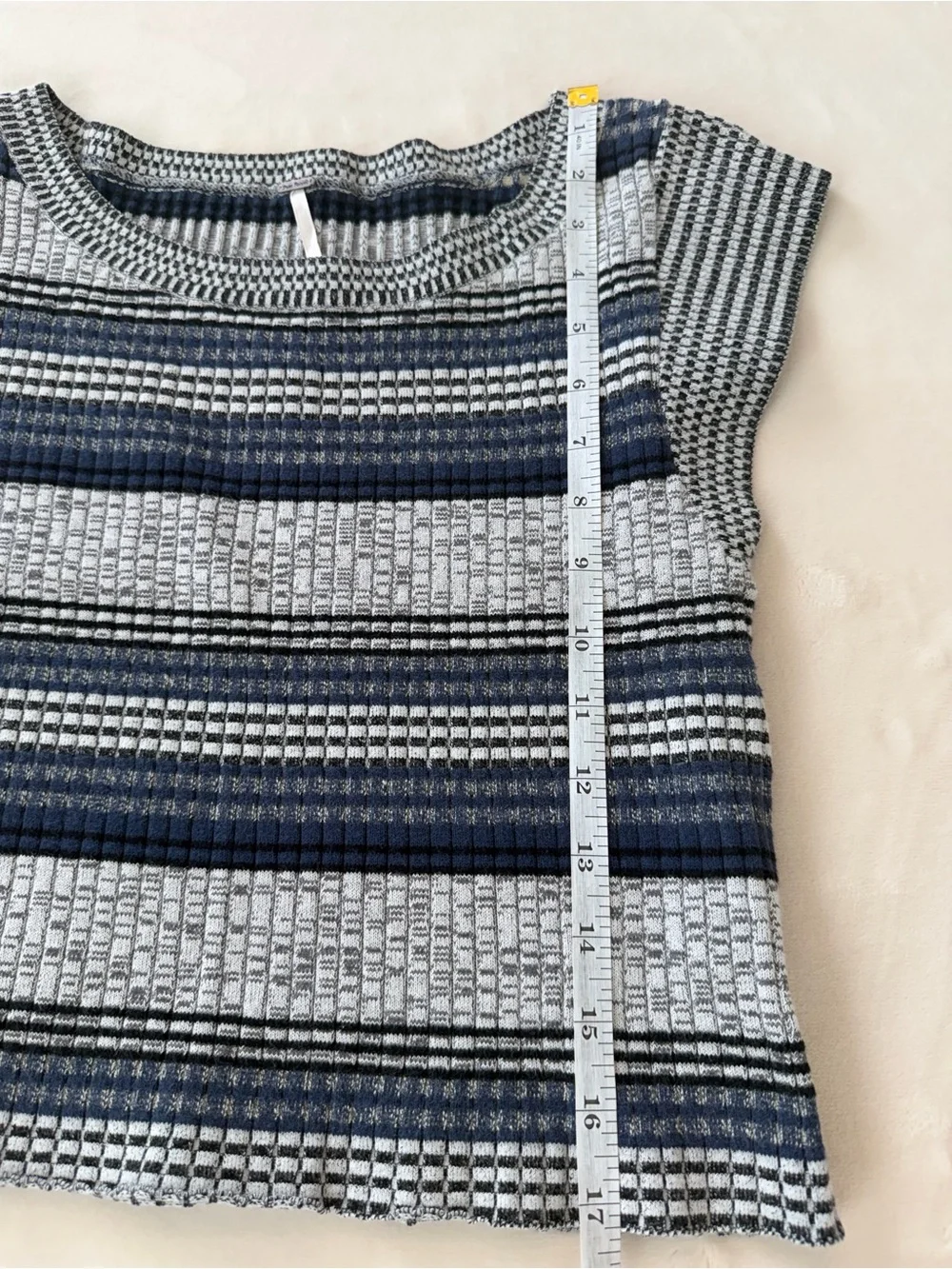 Free People Striped Textured Knit Sweater Top Gray Blue Cap Sleeve Boho